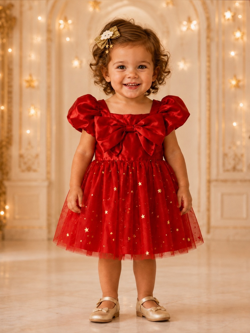 Audrey Camille Girls 2T Red Gold Star Tulle Christmas Dress & Bow NWT